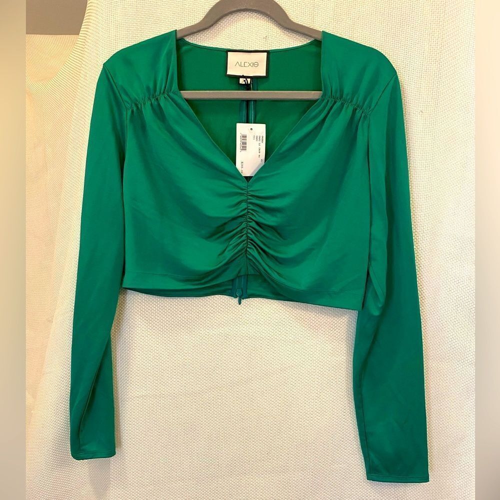 NWT Alexis designer emerald green long sleeve rouched crop top size XL as is